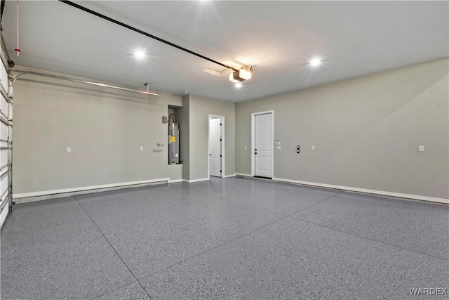 garage with water heater, baseboards, and a garage door opener