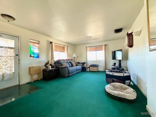 living area with carpet floors and baseboards