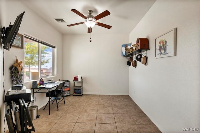 office area with a ceiling fan, visible vents, baseboards, and light tile patterned flooring