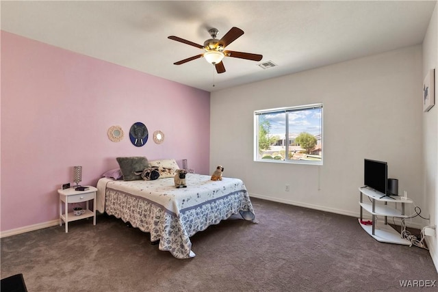 bedroom with a ceiling fan, visible vents, dark carpet, and baseboards