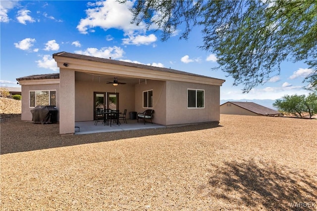 rear view of house with ceiling fan, a patio, and stucco siding