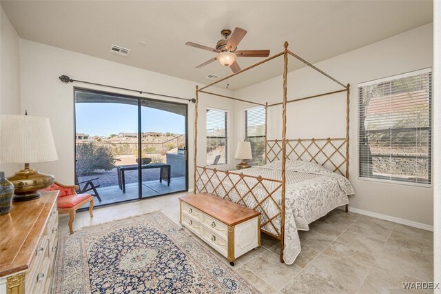 bedroom featuring access to exterior, baseboards, visible vents, and ceiling fan