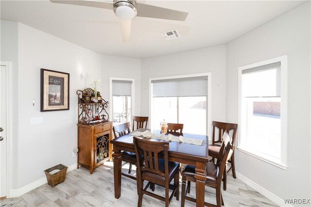 dining room with visible vents, ceiling fan, light wood finished floors, and baseboards