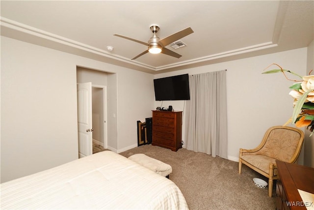 bedroom featuring baseboards, visible vents, ceiling fan, and carpet flooring