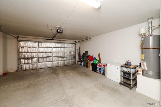 garage with a garage door opener and water heater