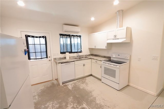 kitchen with an AC wall unit, white cabinetry, a sink, light stone countertops, and white appliances