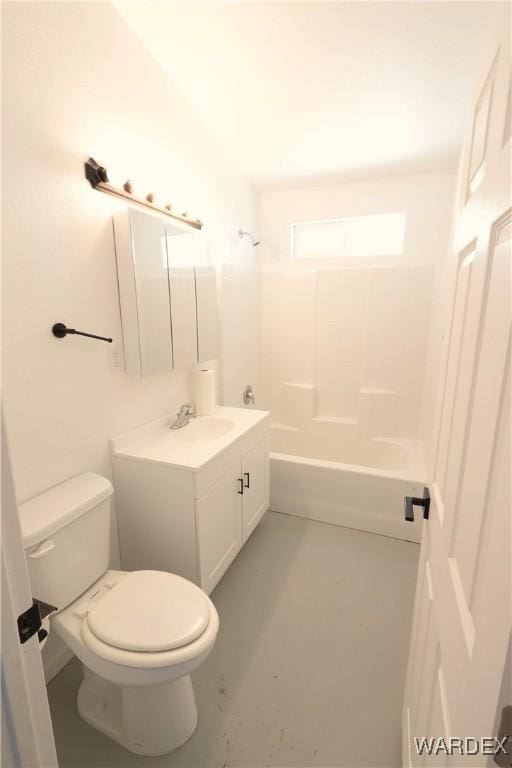 bathroom with toilet,  shower combination, and vanity