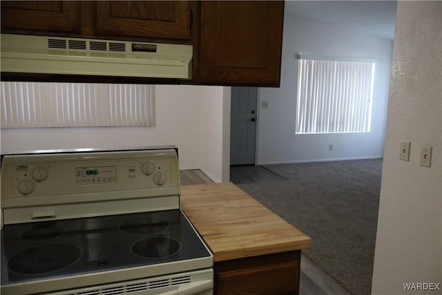 kitchen with dark brown cabinetry, white electric range oven, lofted ceiling, extractor fan, and carpet flooring