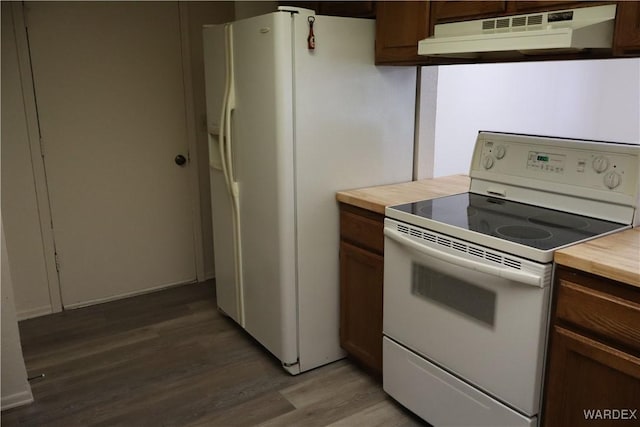 kitchen featuring white appliances, wood finished floors, and under cabinet range hood