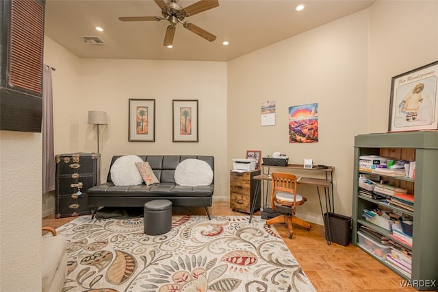 office area featuring recessed lighting, visible vents, ceiling fan, and baseboards