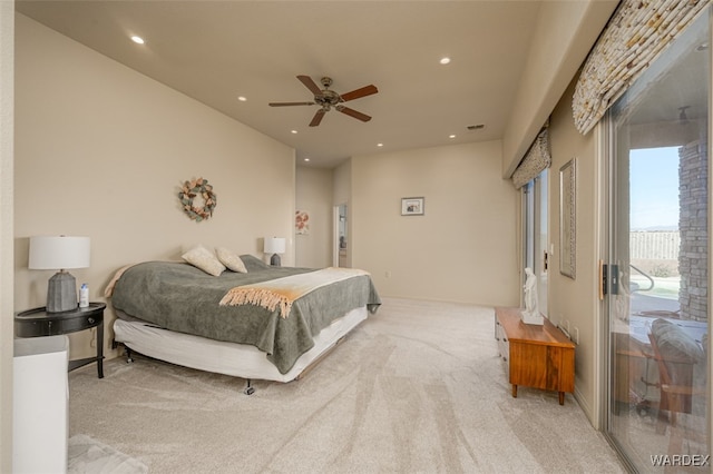 bedroom featuring access to exterior, carpet floors, visible vents, and recessed lighting