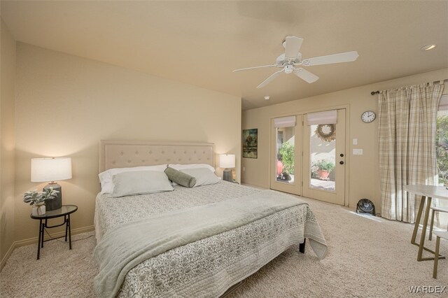 bedroom with light carpet, baseboards, a ceiling fan, and access to exterior