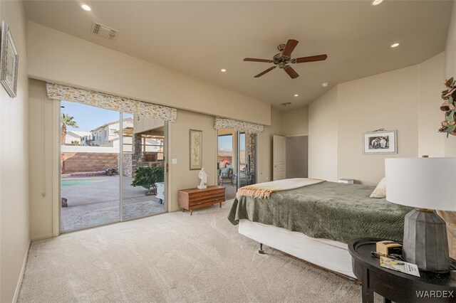 bedroom with light carpet, access to outside, visible vents, and recessed lighting