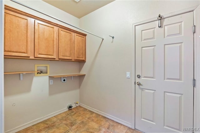 laundry area with hookup for a washing machine, hookup for a gas dryer, hookup for an electric dryer, baseboards, and cabinet space