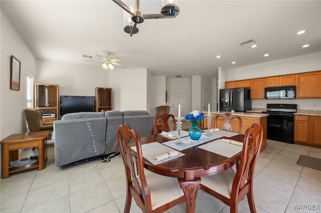 dining space featuring recessed lighting, visible vents, a ceiling fan, and light tile patterned flooring