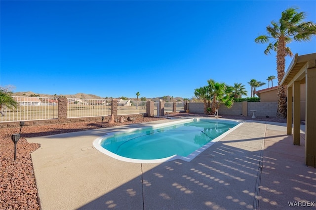 view of swimming pool featuring a patio, a fenced backyard, and a fenced in pool