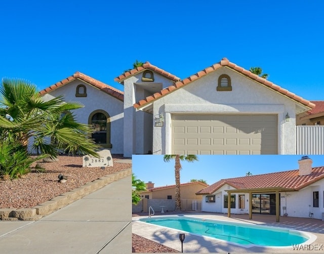 exterior space with a fenced in pool, stucco siding, a patio area, fence, and a tiled roof