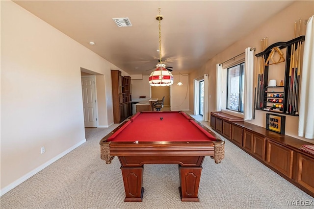 game room with carpet floors, pool table, visible vents, and baseboards