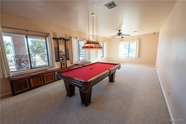 recreation room featuring carpet floors, billiards, visible vents, and a wealth of natural light