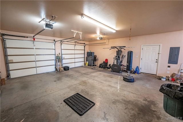 garage featuring electric panel and a garage door opener