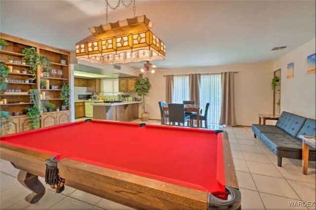 playroom featuring pool table, visible vents, and light tile patterned flooring