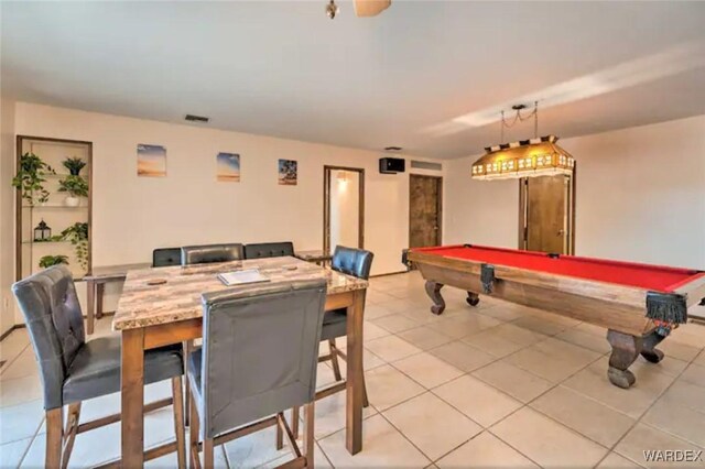 rec room featuring light tile patterned flooring, billiards, and visible vents