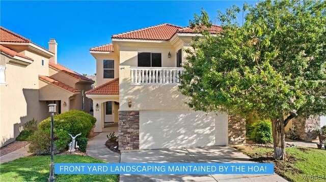 mediterranean / spanish-style home featuring a balcony, a tile roof, stone siding, driveway, and stucco siding