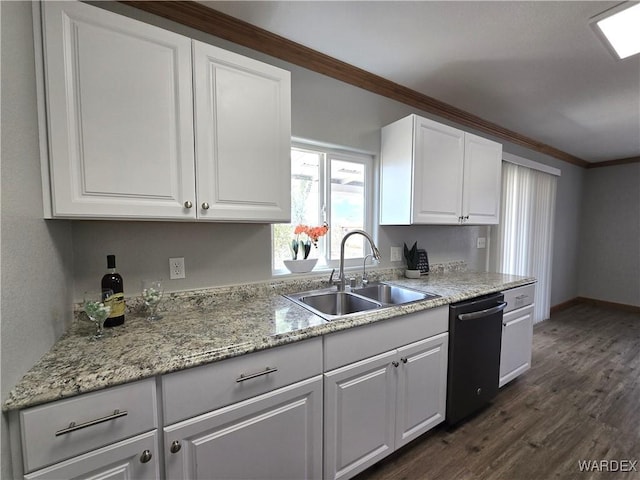 kitchen with dishwasher, dark wood-style flooring, crown molding, white cabinetry, and a sink