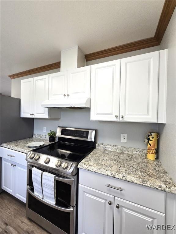 kitchen with under cabinet range hood, light stone countertops, white cabinets, and double oven range