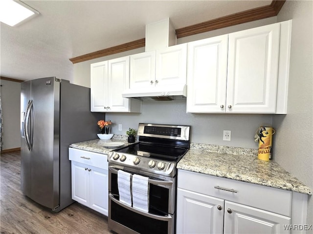 kitchen featuring under cabinet range hood, stainless steel appliances, dark wood-style flooring, white cabinetry, and light stone countertops