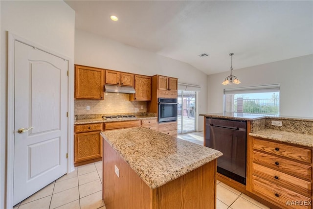 kitchen with black dishwasher, oven, hanging light fixtures, a center island, and under cabinet range hood