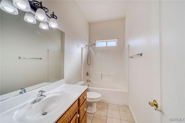 full bathroom with shower / washtub combination, tile patterned flooring, vanity, and toilet