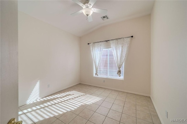 spare room with light tile patterned floors, ceiling fan, lofted ceiling, visible vents, and baseboards