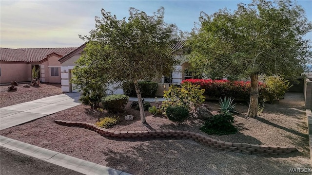 view of front facade with a garage, a tiled roof, driveway, and stucco siding