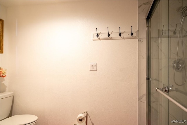 full bathroom with a stall shower and toilet