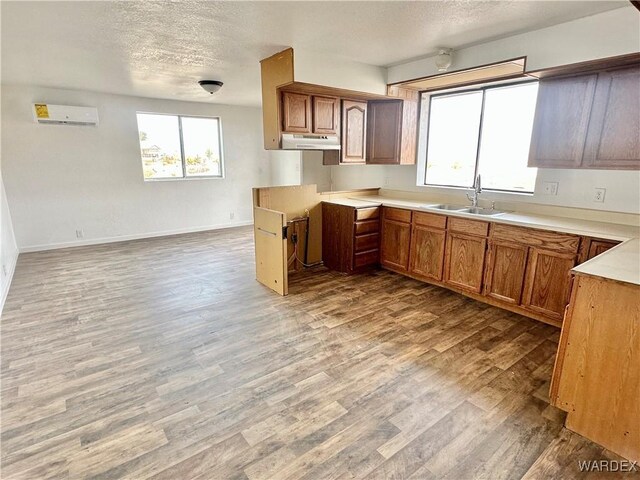 kitchen with brown cabinets, light countertops, a sink, a textured ceiling, and under cabinet range hood