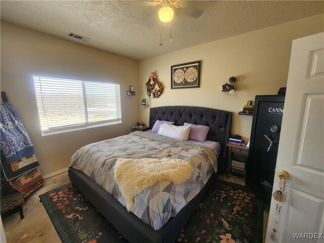 bedroom with ceiling fan, visible vents, and a textured ceiling