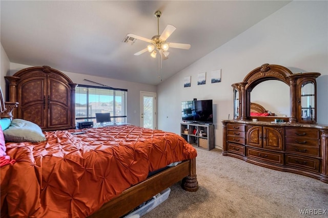 bedroom with light carpet, lofted ceiling, and a ceiling fan