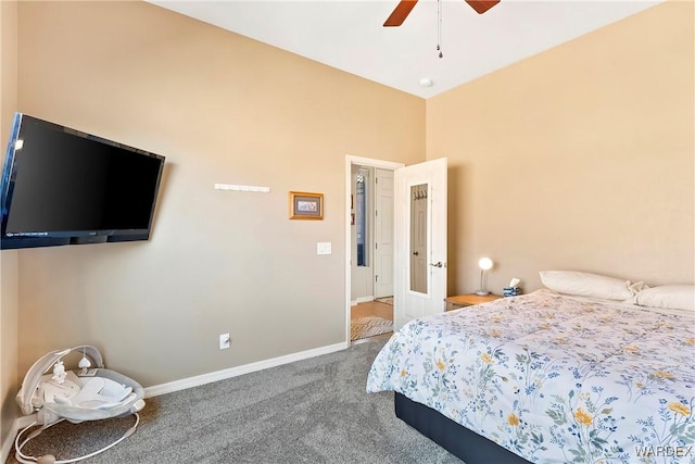 bedroom featuring carpet floors, ceiling fan, and baseboards