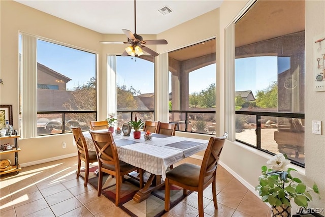 sunroom / solarium featuring visible vents, plenty of natural light, and ceiling fan