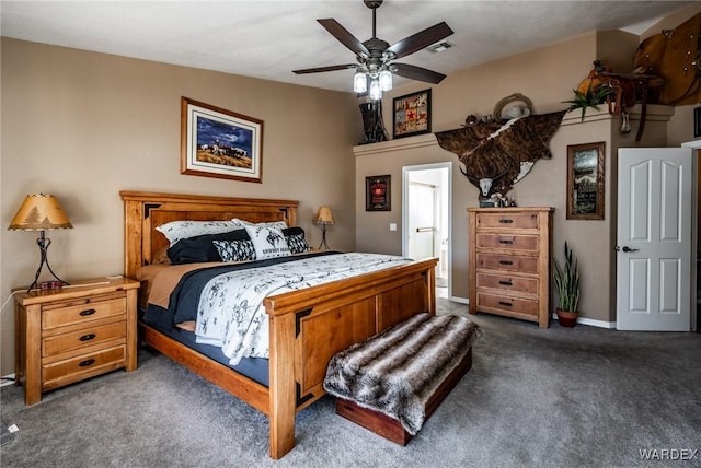 bedroom with dark carpet, visible vents, and a ceiling fan