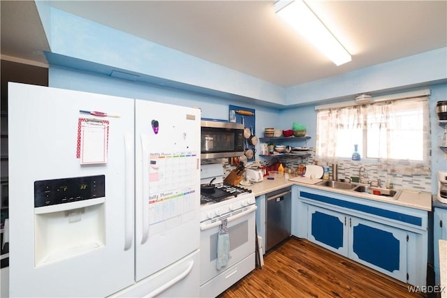 kitchen featuring a sink, light countertops, appliances with stainless steel finishes, backsplash, and dark wood-style floors