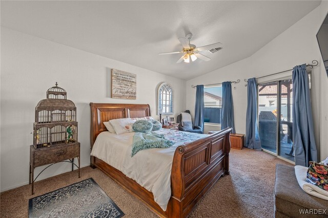 bedroom featuring access to outside, multiple windows, lofted ceiling, and carpet