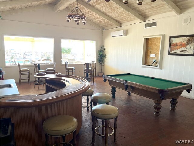 rec room featuring lofted ceiling with beams, brick floor, wood ceiling, visible vents, and a wall mounted AC