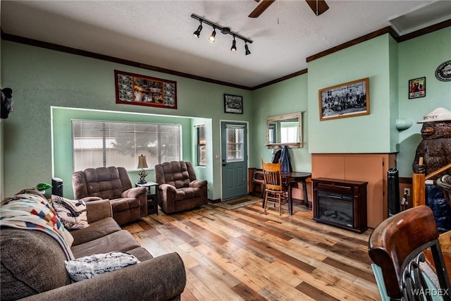 living area featuring a glass covered fireplace, ornamental molding, a ceiling fan, and light wood finished floors