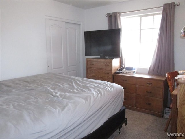 bedroom featuring a closet and light colored carpet