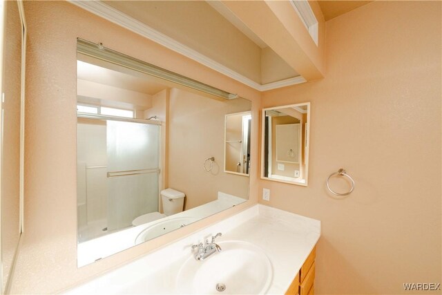 full bathroom featuring toilet, vanity, and a shower with shower door