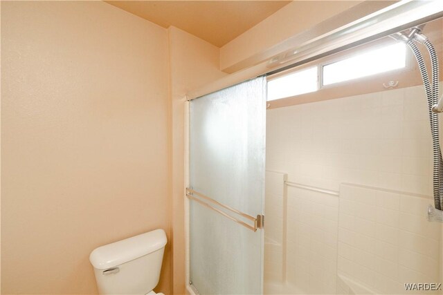 bathroom with a shower stall and toilet