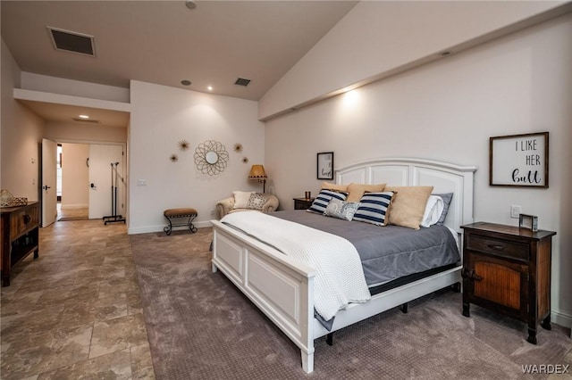 bedroom with lofted ceiling, visible vents, baseboards, and recessed lighting