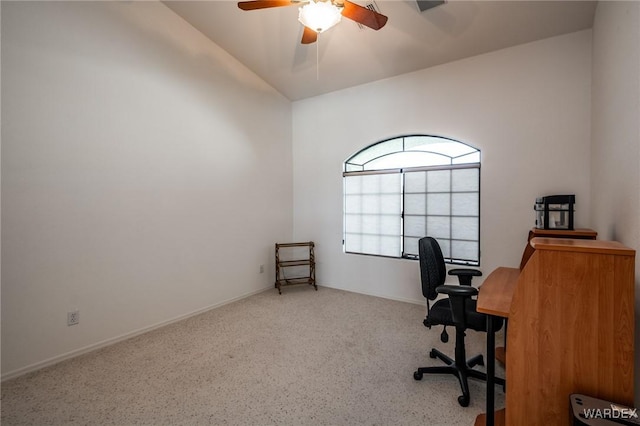 home office featuring baseboards and a ceiling fan